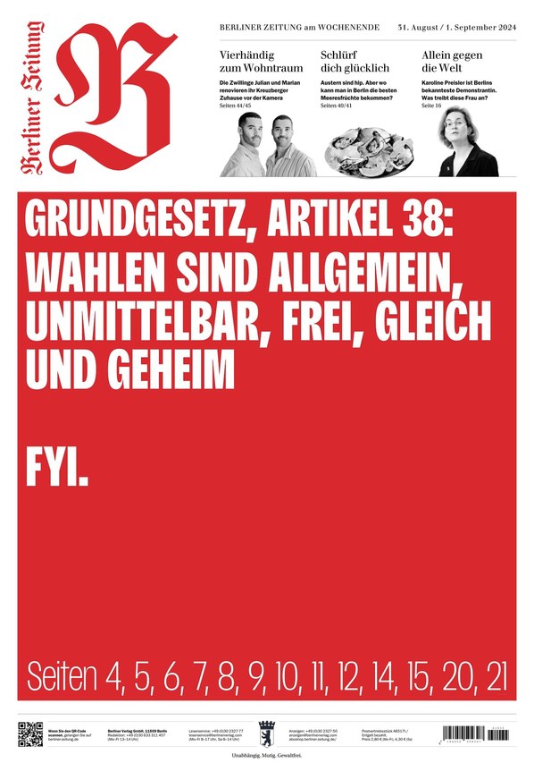 Titelseite Berliner Zeitung vom 31. August/ 1. September 2024